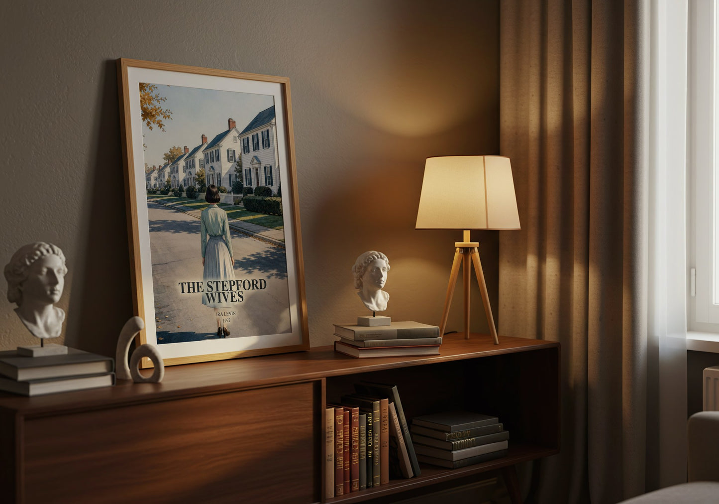 The Stepford Wives watercolour print on bookshelf – Ira Levin fan gift