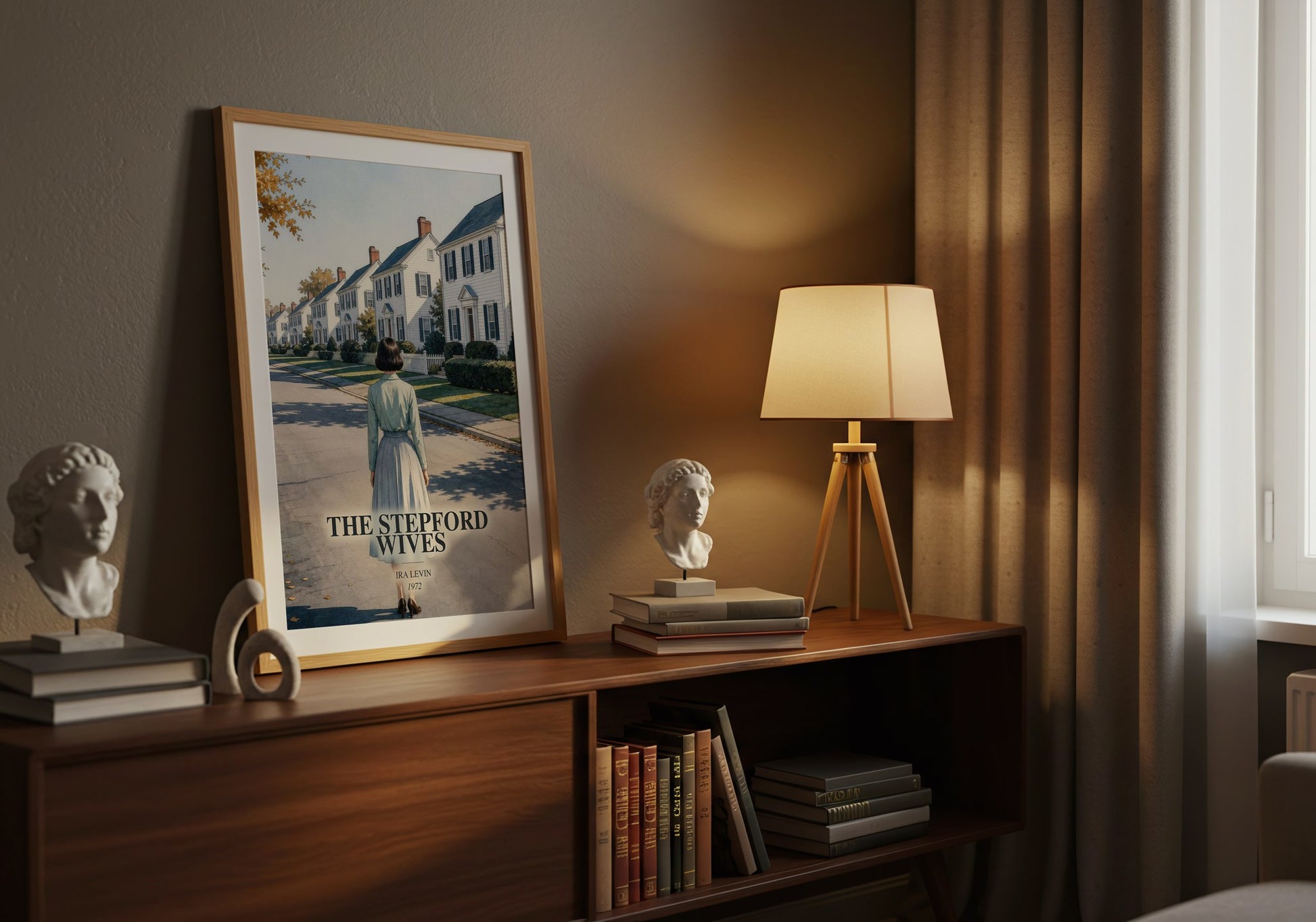 The Stepford Wives watercolour print on bookshelf – Ira Levin fan gift