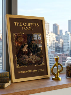 The Queen's Fool Classic Book Art Print by Philippa Gregory – framed print on a city-view windowsill