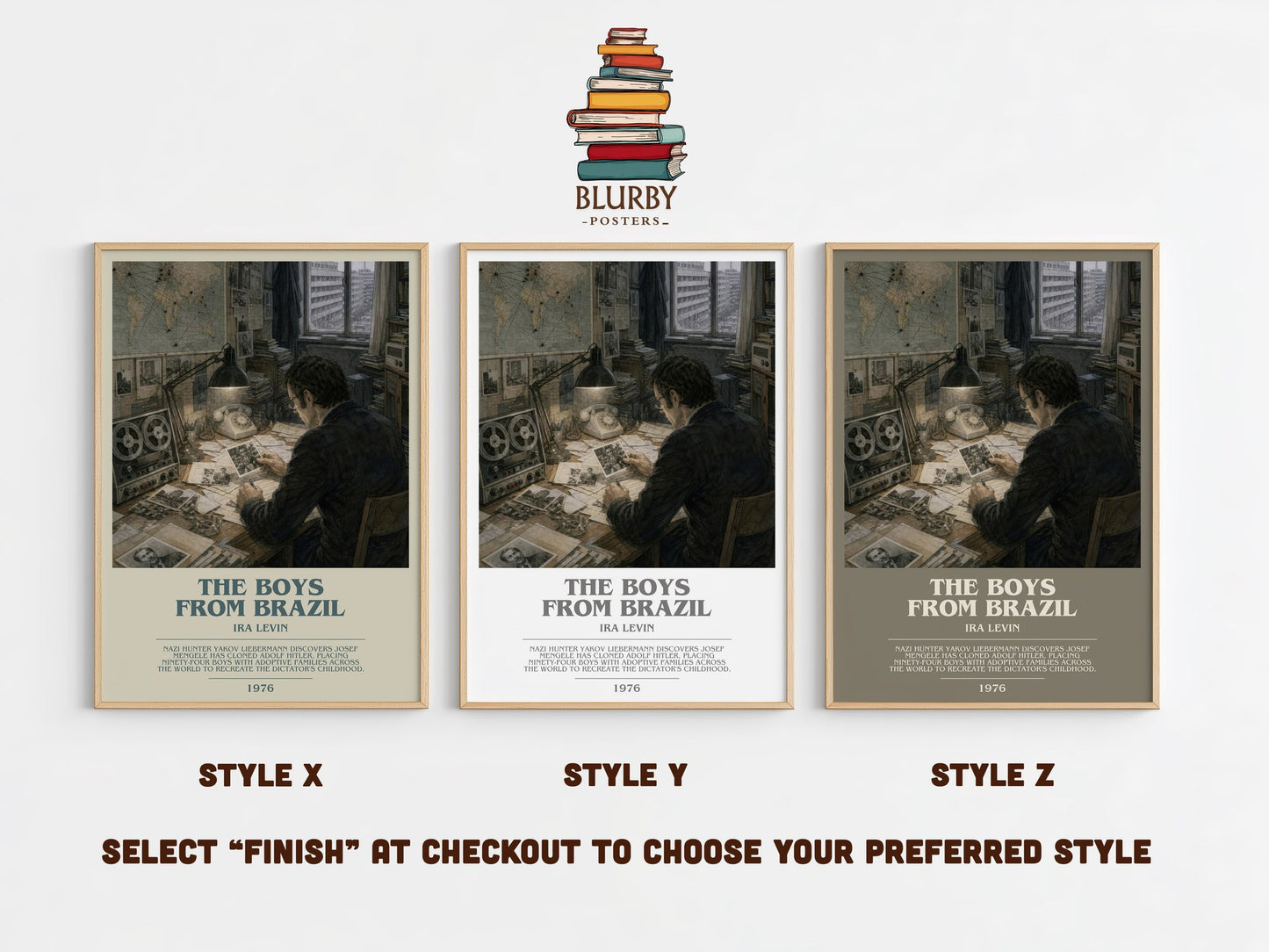 The Boys From Brazil bookish print in frame leaning in hallway – thriller wall art