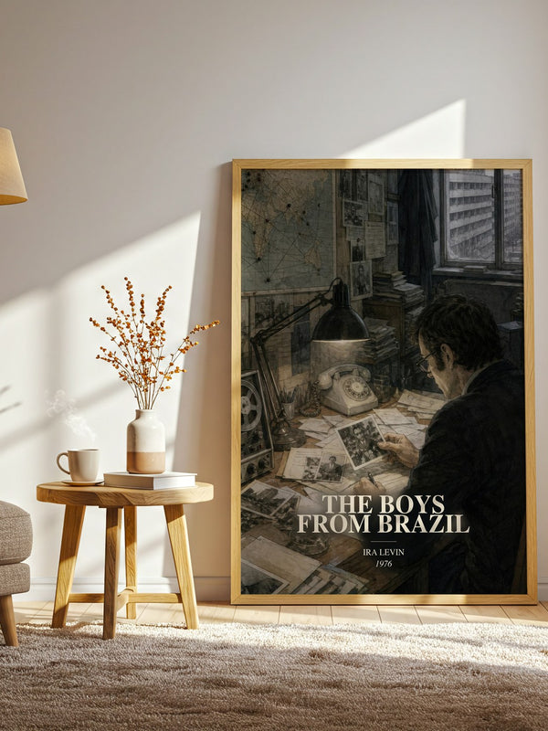The Boys From Brazil watercolour print in frame leaning in hallway – thriller wall art