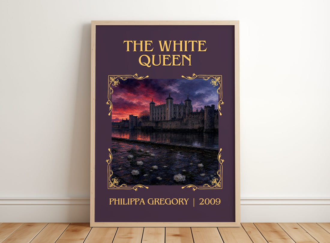 The White Queen Classic Book Art Print by Philippa Gregory – framed print leaning on a wooden floor