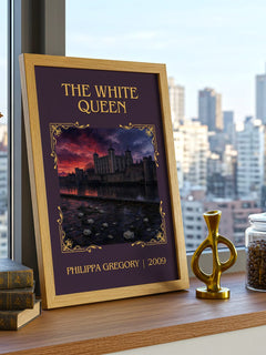 The White Queen Classic Book Art Print by Philippa Gregory – framed print on a city-view windowsill