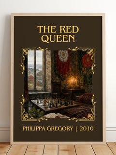 The Red Queen Classic Book Art Print by Philippa Gregory – framed print leaning on a wooden floor