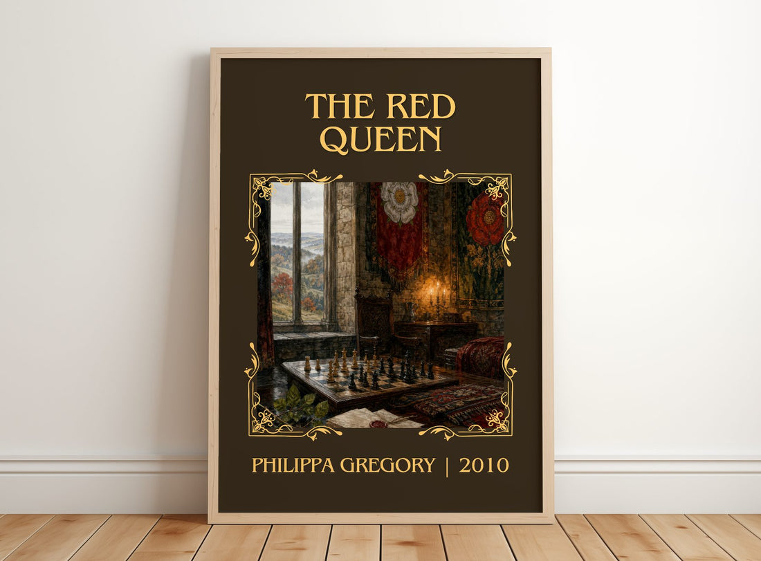 The Red Queen Classic Book Art Print by Philippa Gregory – framed print leaning on a wooden floor