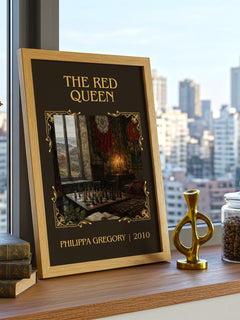 The Red Queen Classic Book Art Print by Philippa Gregory – framed print on a city-view windowsill