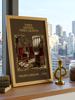 Three Sisters, Three Queens Classic Book Art Print by Philippa Gregory – framed print on a city-view windowsill