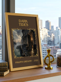 Dark Tides Classic Book Art Print by Philippa Gregory – framed print on a city-view windowsill
