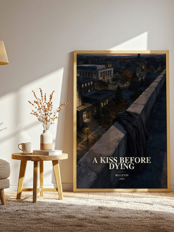 A Kiss Before Dying watercolour print in frame leaning in hallway – thriller wall art