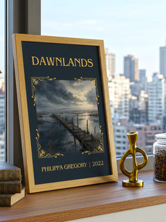 Dawnlands Classic Book Art Print by Philippa Gregory – framed print on a city-view windowsill