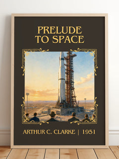 Prelude to Space Classic Book Art Print by Arthur C. Clarke – framed print leaning on a wooden floor