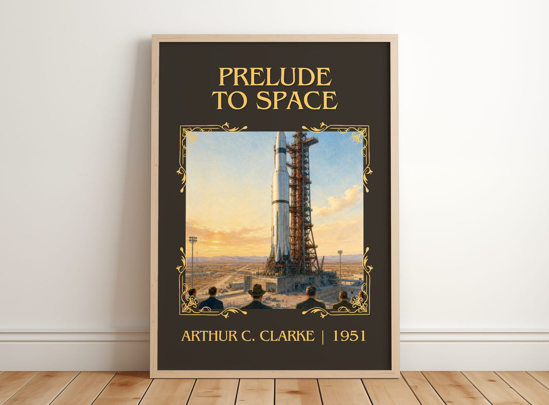 Prelude to Space Classic Book Art Print by Arthur C. Clarke – framed print leaning on a wooden floor