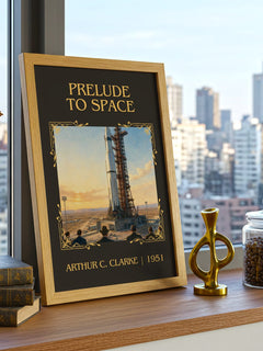 Prelude to Space Classic Book Art Print by Arthur C. Clarke – framed print on a city-view windowsill