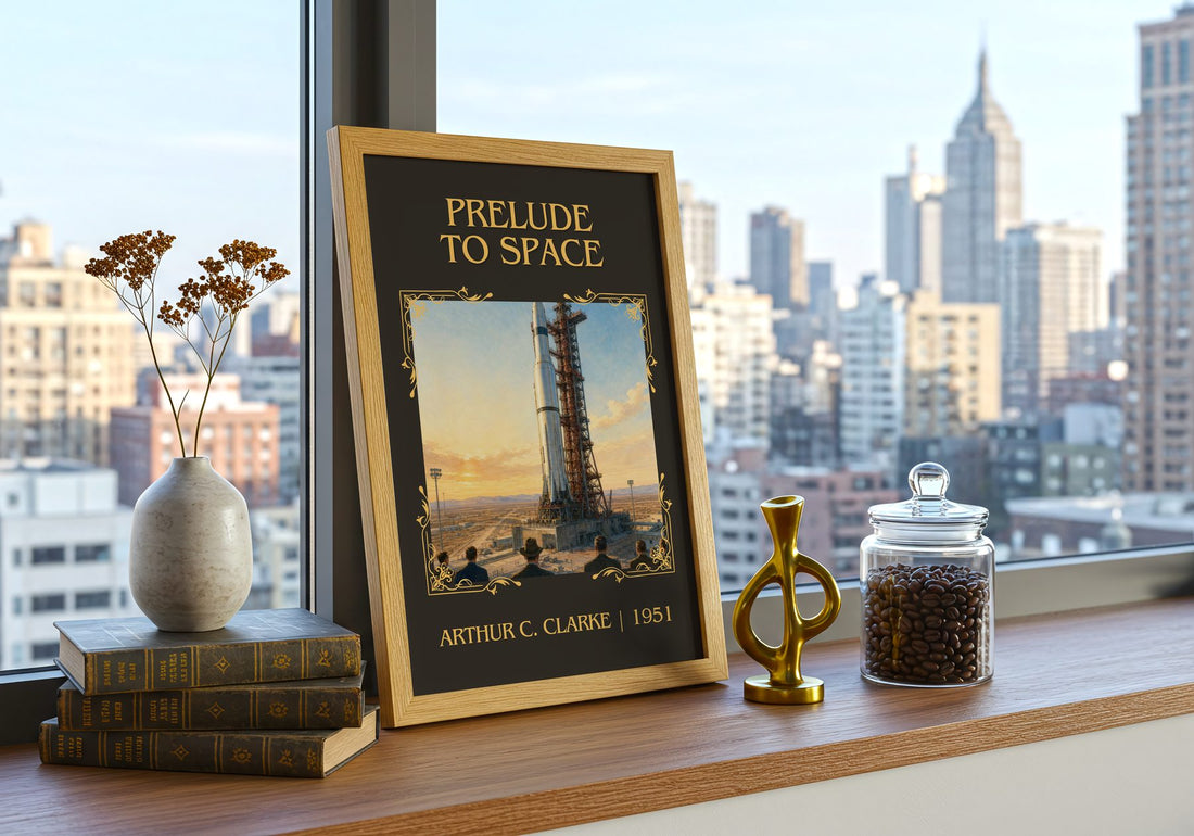 Prelude to Space Classic Book Art Print by Arthur C. Clarke – framed print on a city-view windowsill