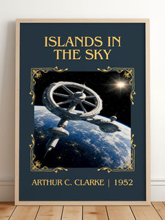 Islands in the Sky Classic Book Art Print by Arthur C. Clarke – framed print leaning on a wooden floor
