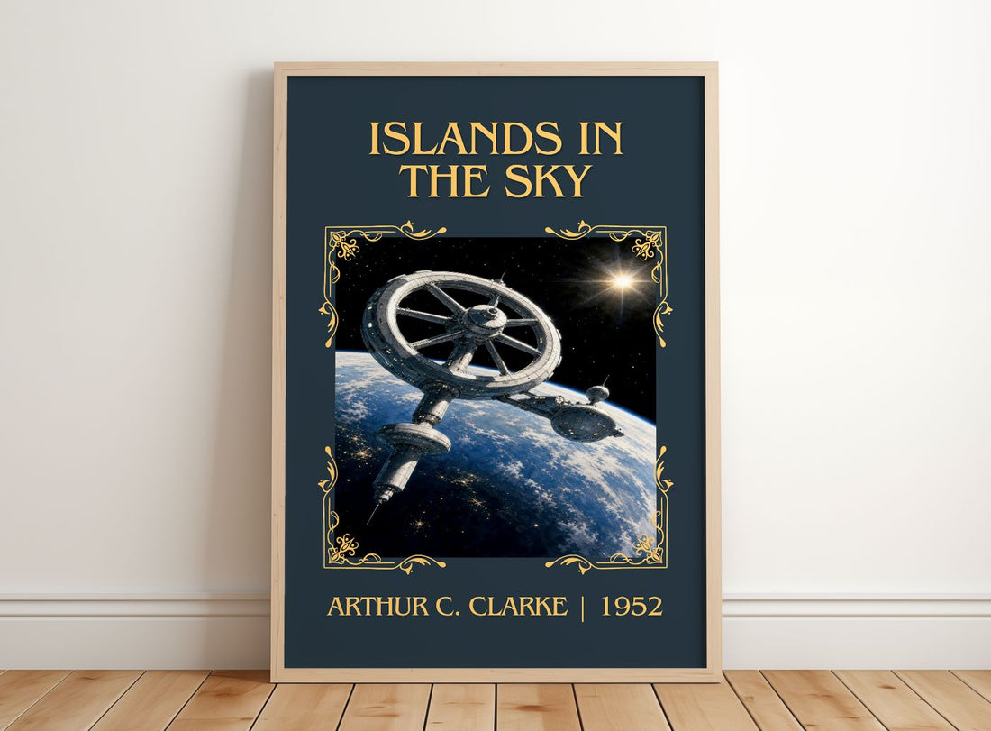 Islands in the Sky Classic Book Art Print by Arthur C. Clarke – framed print leaning on a wooden floor