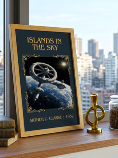 Islands in the Sky Classic Book Art Print by Arthur C. Clarke – framed print on a city-view windowsill