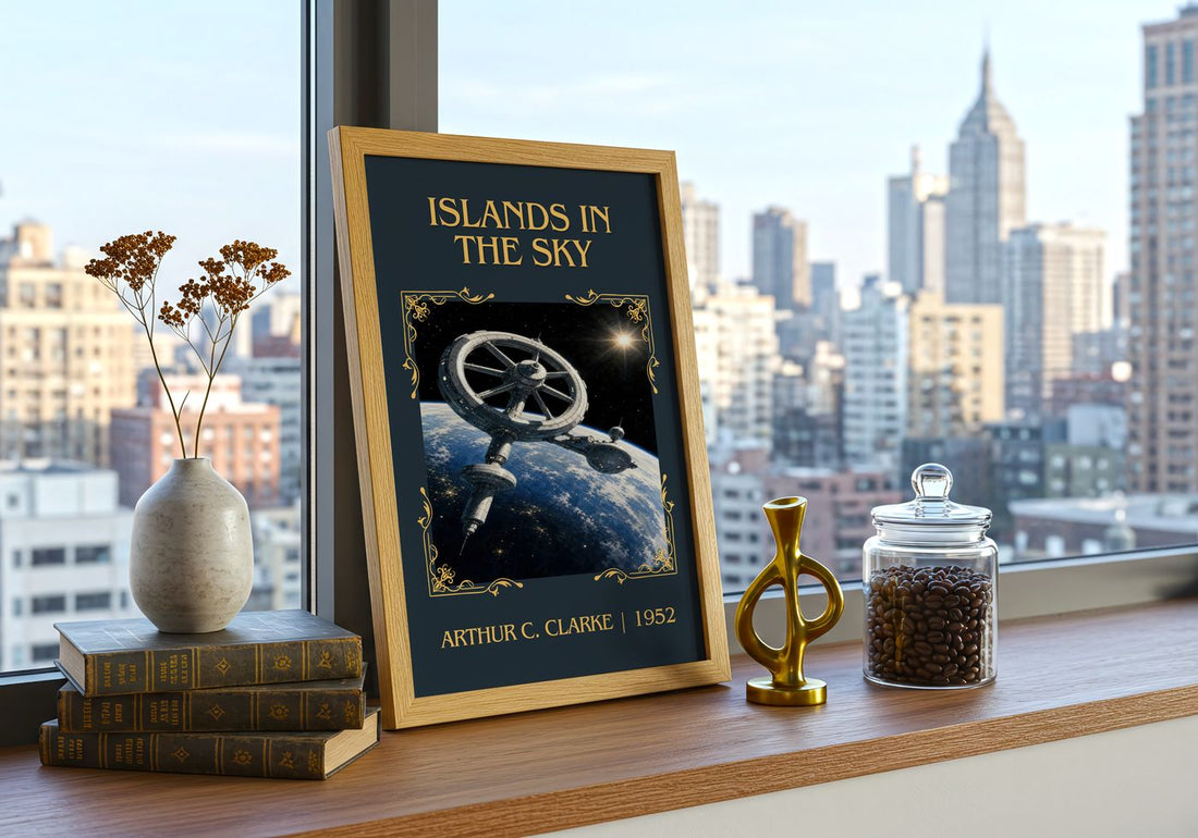 Islands in the Sky Classic Book Art Print by Arthur C. Clarke – framed print on a city-view windowsill