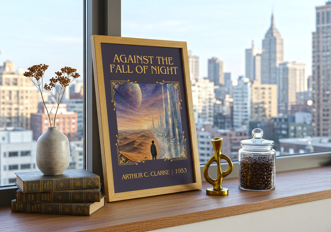 Against the Fall of Night Classic Book Art Print by Arthur C. Clarke – framed print on a city-view windowsill