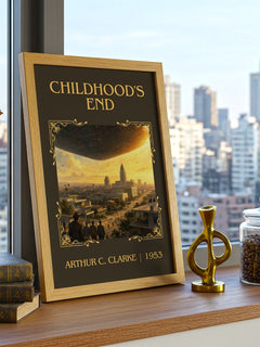 Childhood's End Classic Book Art Print by Arthur C. Clarke – framed print on a city-view windowsill