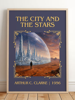 The City and the Stars Classic Book Art Print by Arthur C. Clarke – framed print leaning on a wooden floor