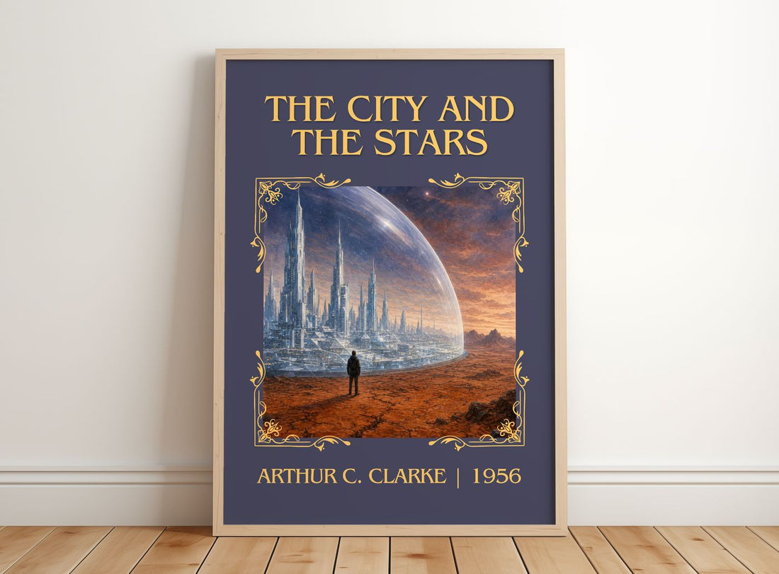 The City and the Stars Classic Book Art Print by Arthur C. Clarke – framed print leaning on a wooden floor