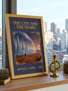 The City and the Stars Classic Book Art Print by Arthur C. Clarke – framed print on a city-view windowsill