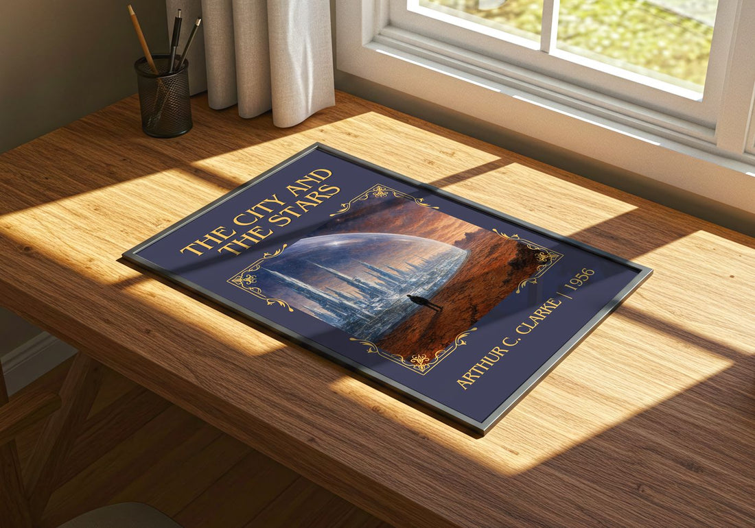 The City and the Stars Classic Book Art Print by Arthur C. Clarke – print on a sunlit desk