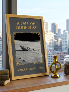 A Fall of Moondust Classic Book Art Print by Arthur C. Clarke – framed print on a city-view windowsill