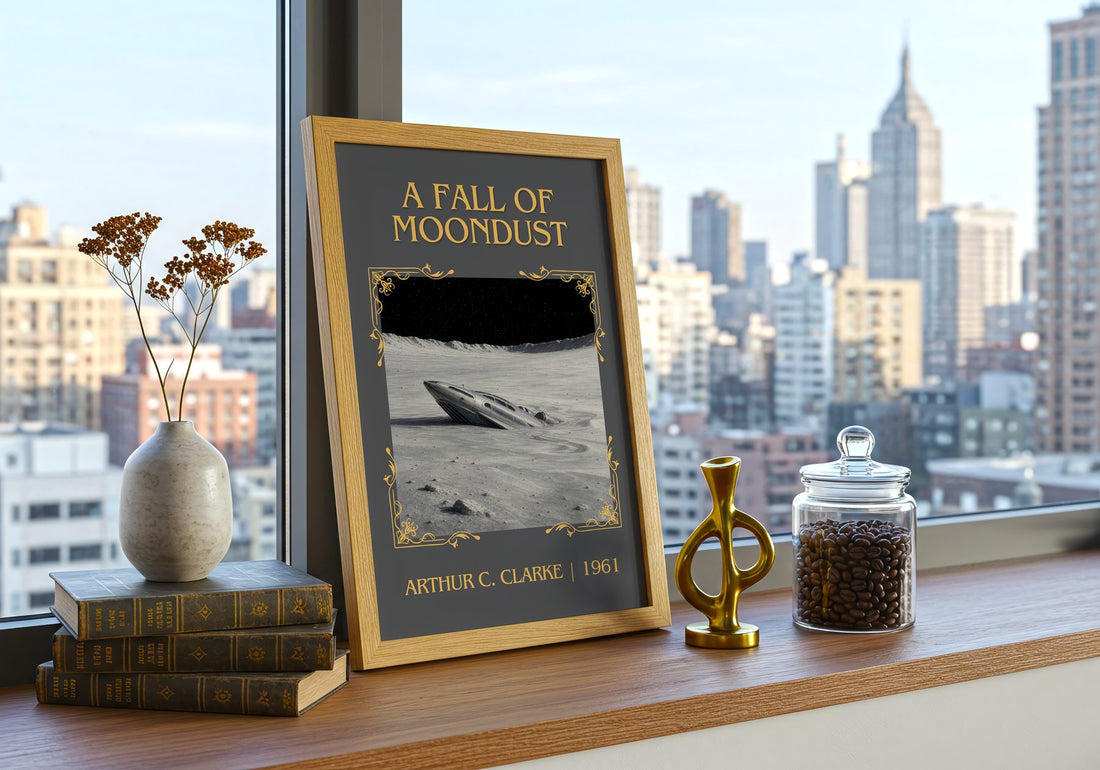 A Fall of Moondust Classic Book Art Print by Arthur C. Clarke – framed print on a city-view windowsill