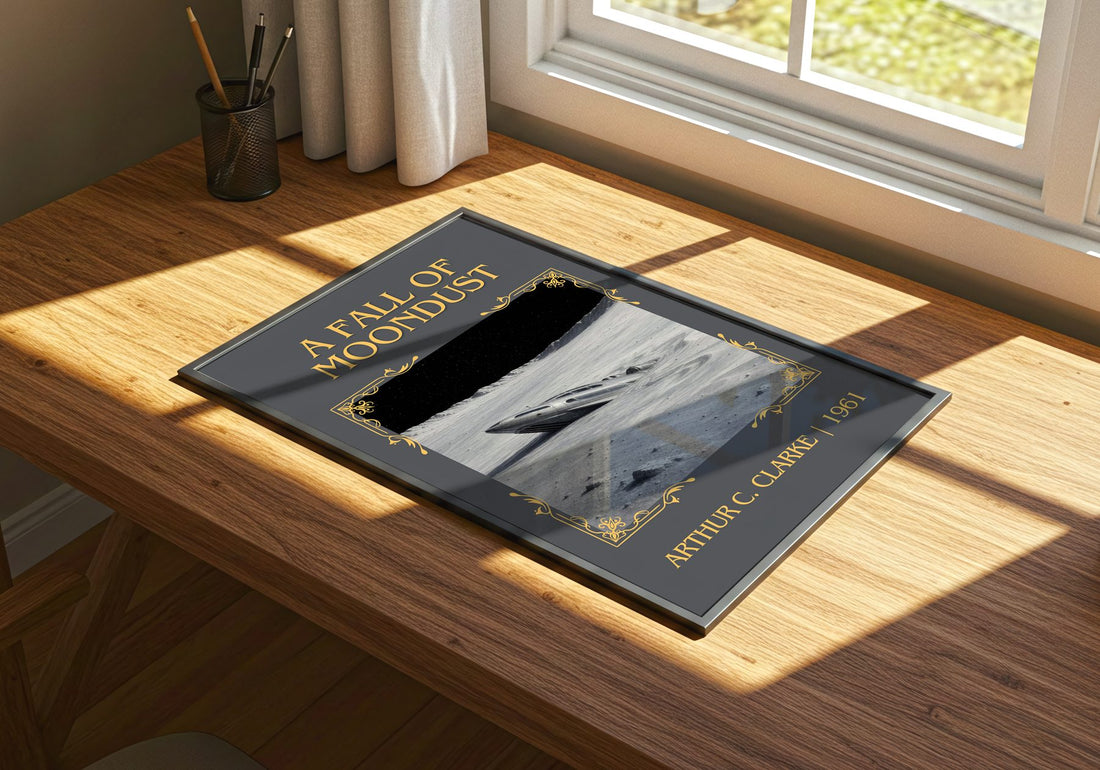 A Fall of Moondust Classic Book Art Print by Arthur C. Clarke – print on a sunlit desk