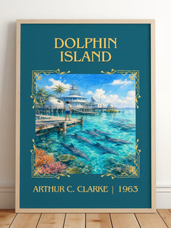 Dolphin Island Classic Book Art Print by Arthur C. Clarke – framed print leaning on a wooden floor
