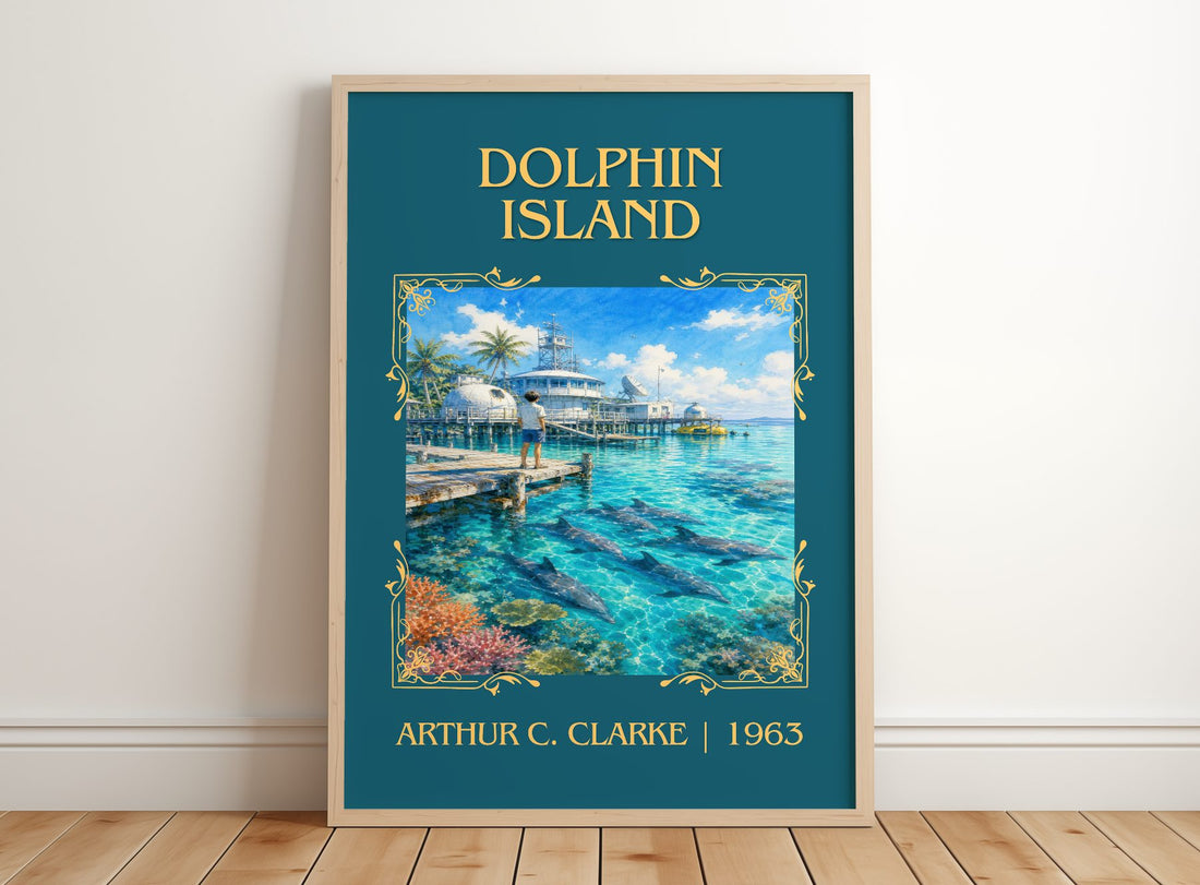 Dolphin Island Classic Book Art Print by Arthur C. Clarke – framed print leaning on a wooden floor