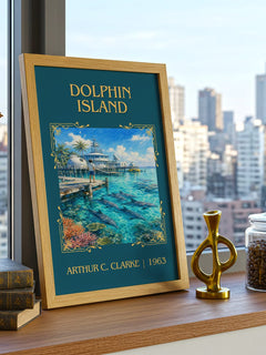 Dolphin Island Classic Book Art Print by Arthur C. Clarke – framed print on a city-view windowsill