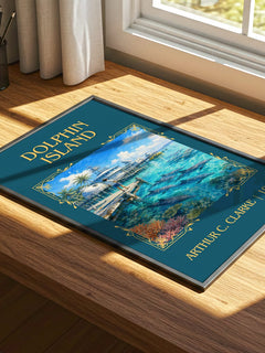 Dolphin Island Classic Book Art Print by Arthur C. Clarke – print on a sunlit desk