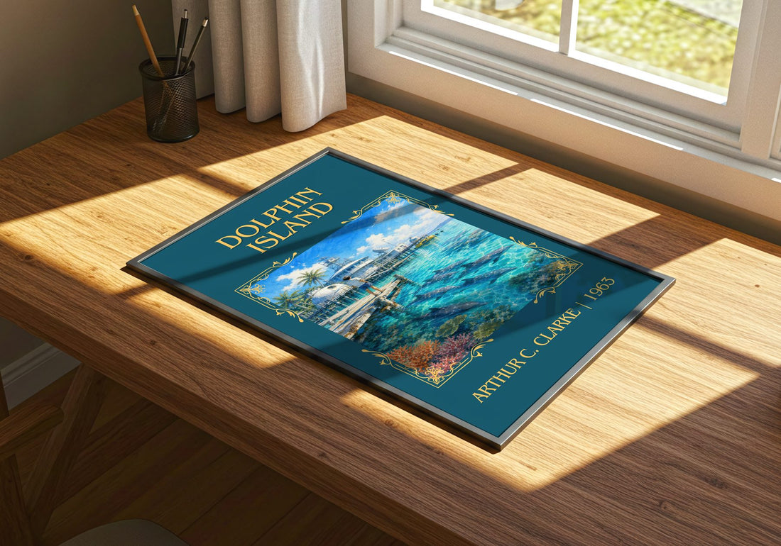 Dolphin Island Classic Book Art Print by Arthur C. Clarke – print on a sunlit desk