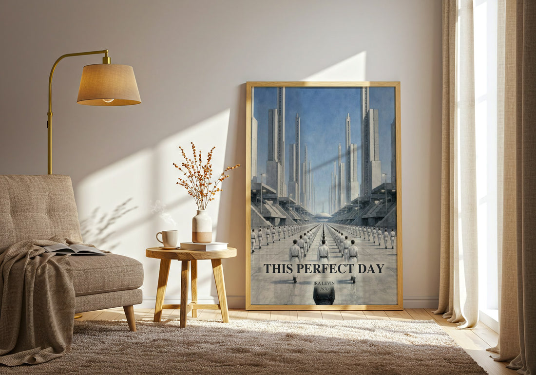 This Perfect Day watercolour print in frame leaning in hallway – dystopian wall art (mockup)