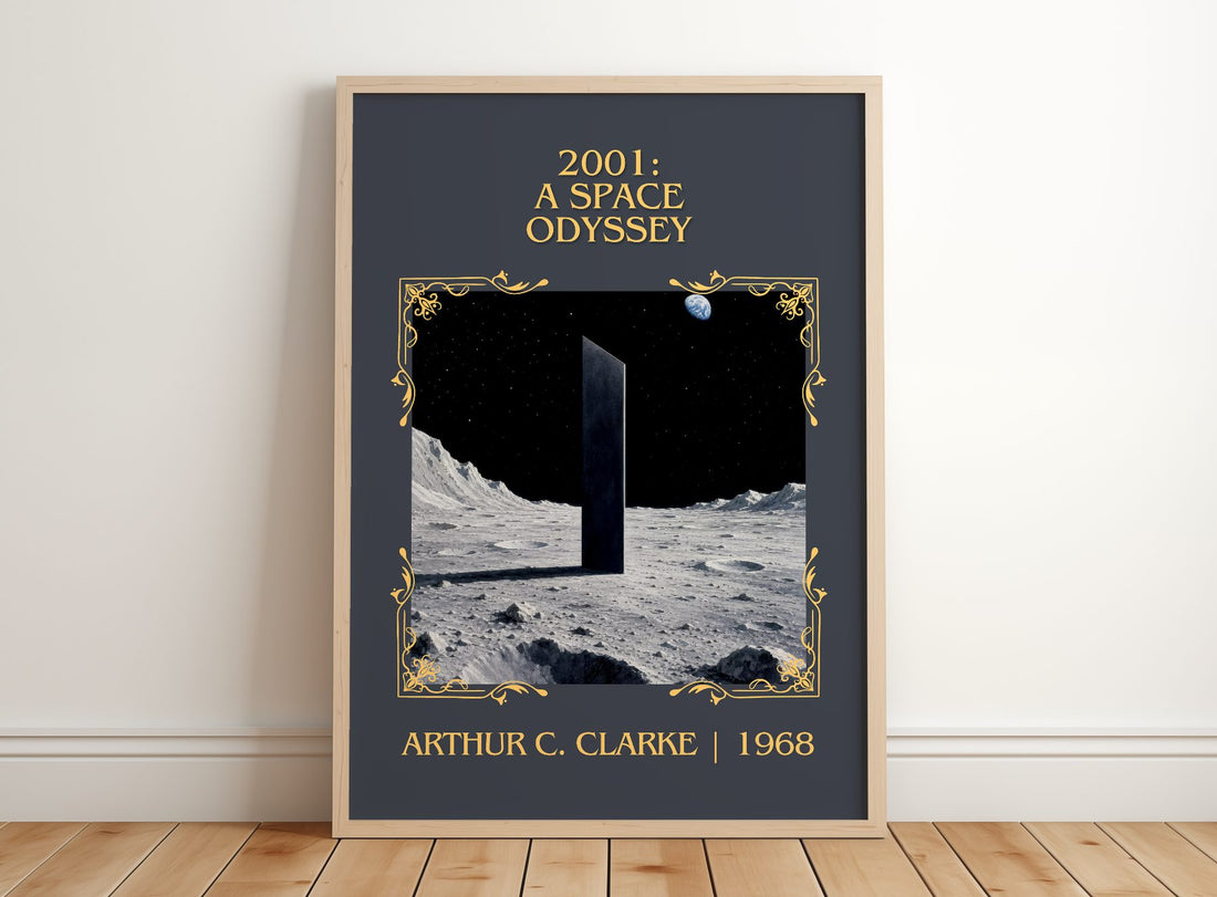 2001: A Space Odyssey Classic Book Art Print by Arthur C. Clarke – framed print leaning on a wooden floor