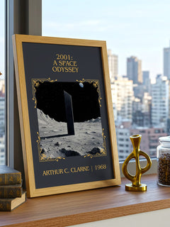 2001: A Space Odyssey Classic Book Art Print by Arthur C. Clarke – framed print on a city-view windowsill