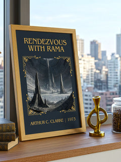 Rendezvous with Rama Classic Book Art Print by Arthur C. Clarke – framed print on a city-view windowsill