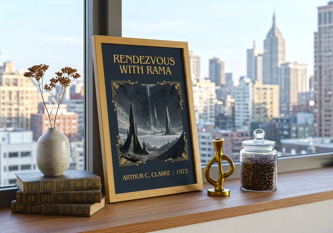 Rendezvous with Rama Classic Book Art Print by Arthur C. Clarke – framed print on a city-view windowsill