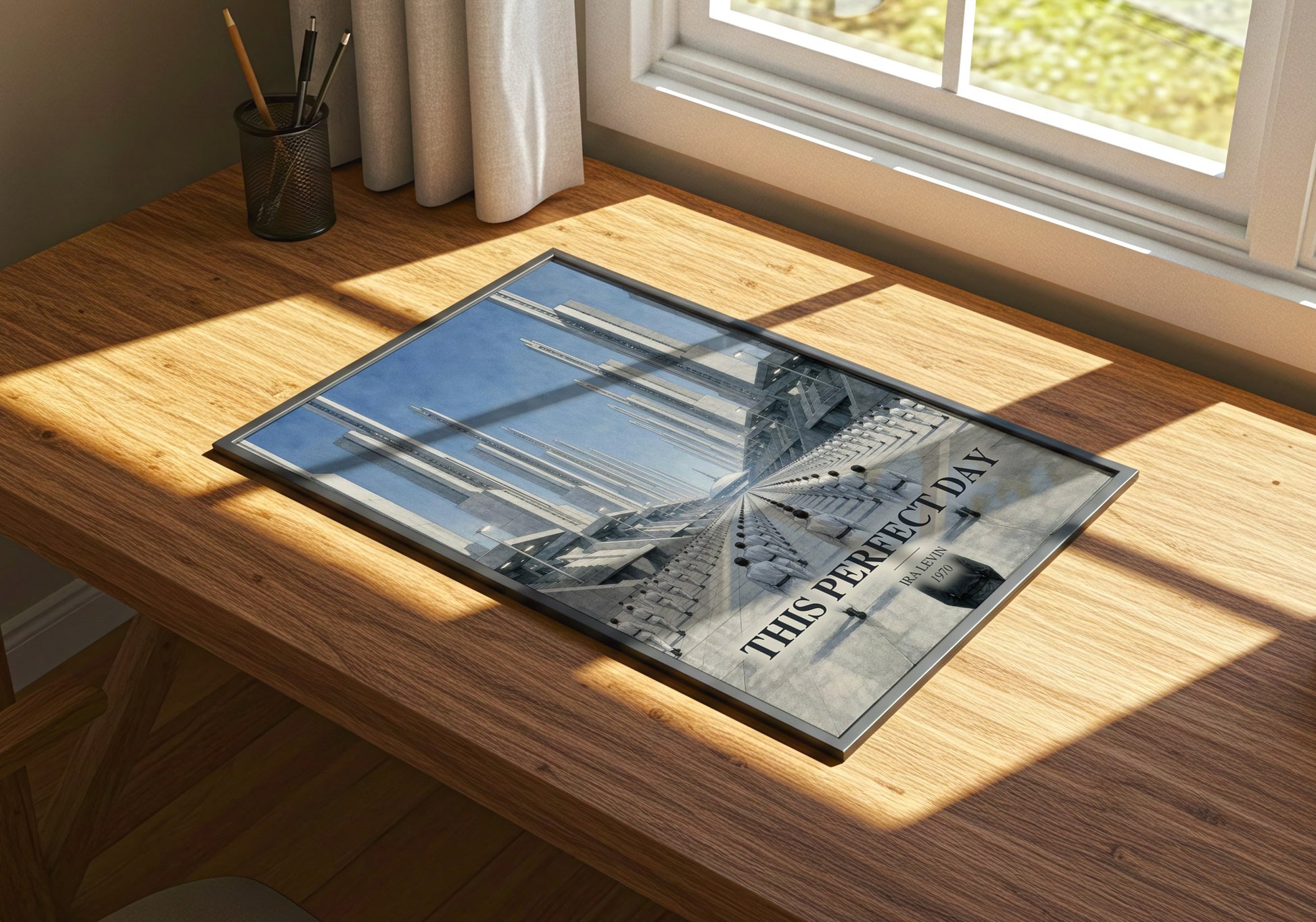 This Perfect Day watercolour book poster framed on wall – dystopian wall art