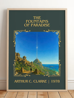 The Fountains of Paradise Classic Book Art Print by Arthur C. Clarke – framed print leaning on a wooden floor