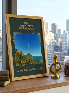 The Fountains of Paradise Classic Book Art Print by Arthur C. Clarke – framed print on a city-view windowsill