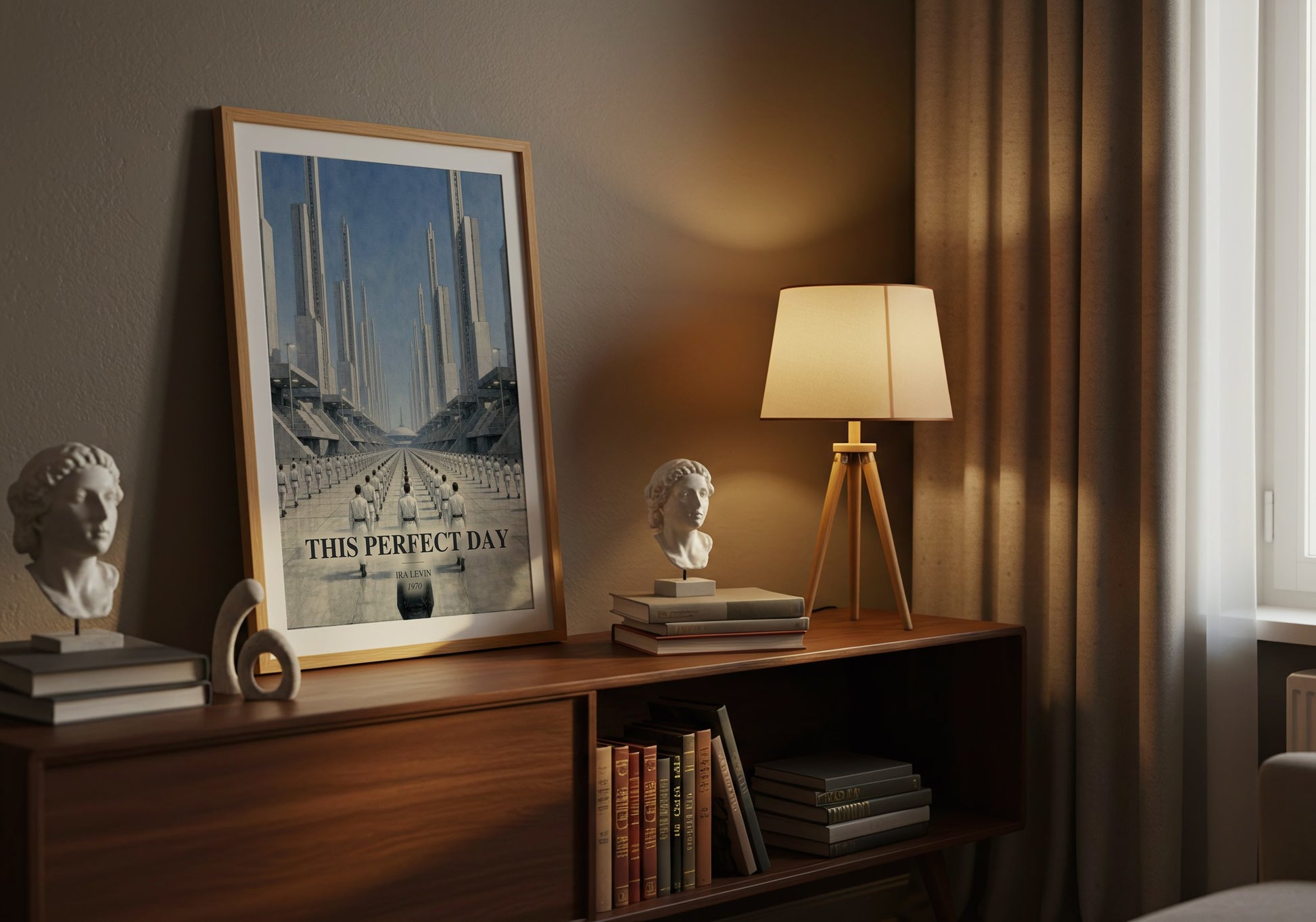 This Perfect Day watercolour print on bookshelf – Ira Levin fan gift