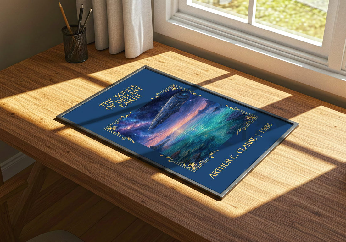 The Songs of Distant Earth Classic Book Art Print by Arthur C. Clarke – print on a sunlit desk