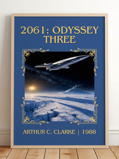 2061: Odyssey Three Classic Book Art Print by Arthur C. Clarke – framed print leaning on a wooden floor