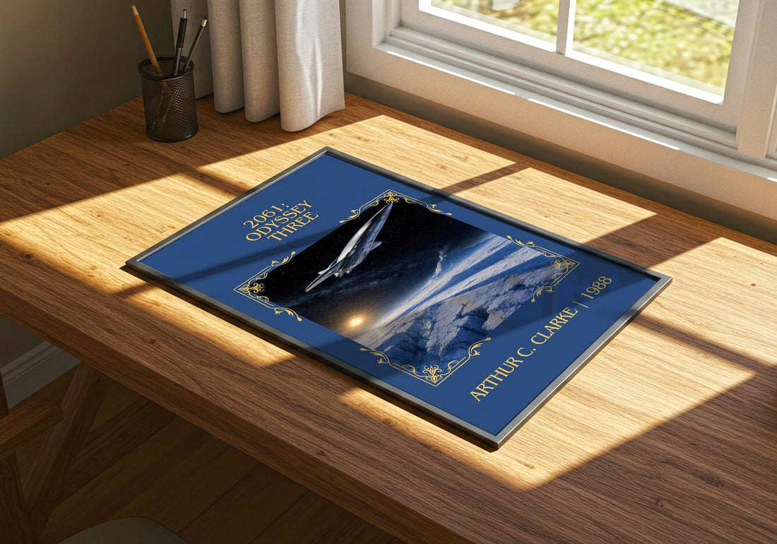 2061: Odyssey Three Classic Book Art Print by Arthur C. Clarke – print on a sunlit desk
