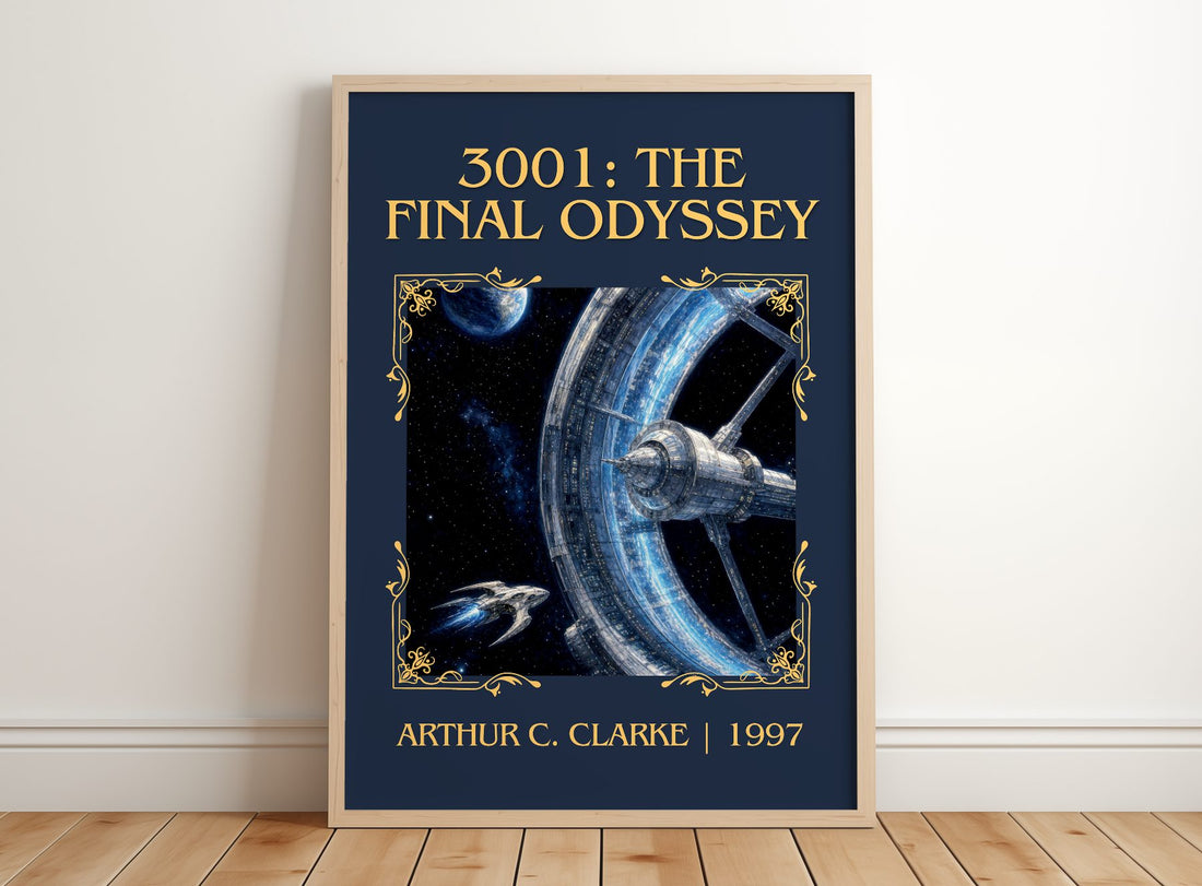3001: The Final Odyssey Classic Book Art Print by Arthur C. Clarke – framed print leaning on a wooden floor