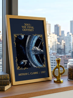 3001: The Final Odyssey Classic Book Art Print by Arthur C. Clarke – framed print on a city-view windowsill